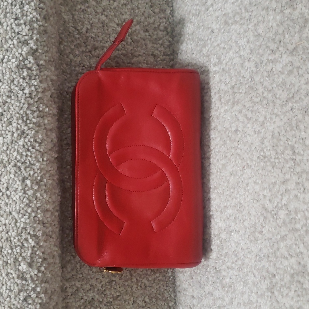 Chanel Zip Red Lambskin Cosmetic Bag Pouch AUTHENTIC